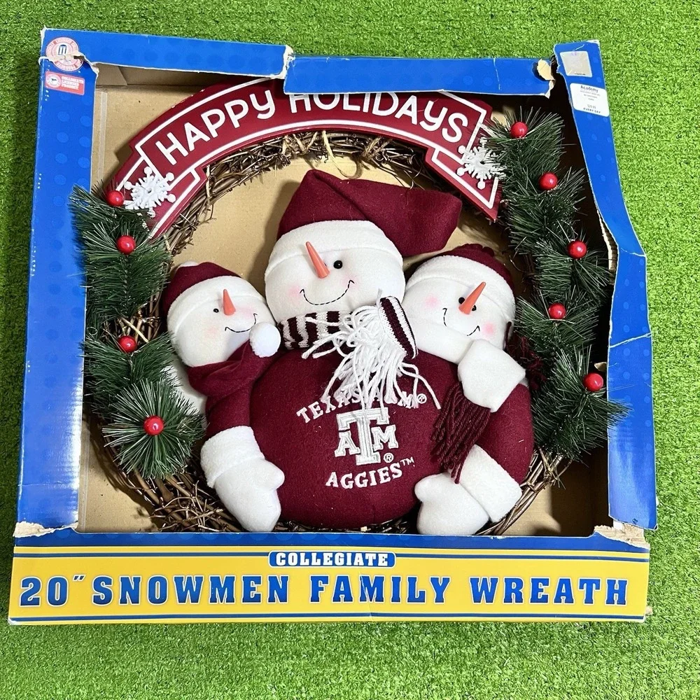 Vintage Texas A&M Christmas Decor 90s Aggie Holiday Wreath SnowMan Family‎ TAMU